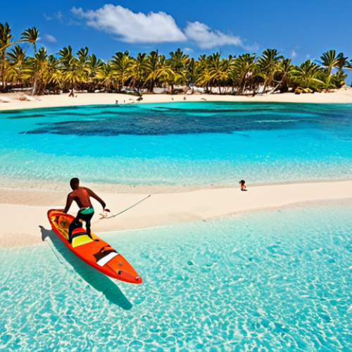 **Prompt:** Cape Verde, Sal Island, white sand beach, turquoise sea, colorful fish, snorkelers, windsurfers, palm trees, clear blue sky, sunny, vibrant colors, tropical paradise.