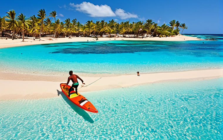 **Prompt:** Cape Verde, Sal Island, white sand beach, turquoise sea, colorful fish, snorkelers, windsurfers, palm trees, clear blue sky, sunny, vibrant colors, tropical paradise.