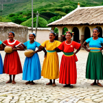 **

A group of Cape Verdean women, fully clothed in colorful, traditional Batuku dresses, performing a Batuku dance. They are in a village square with stone buildings in the background. The scene is filled with energy and joy. Appropriate attire, safe for work, professional photography, perfect anatomy, correct proportions, natural poses, well-formed hands, proper finger count, family-friendly.

**
