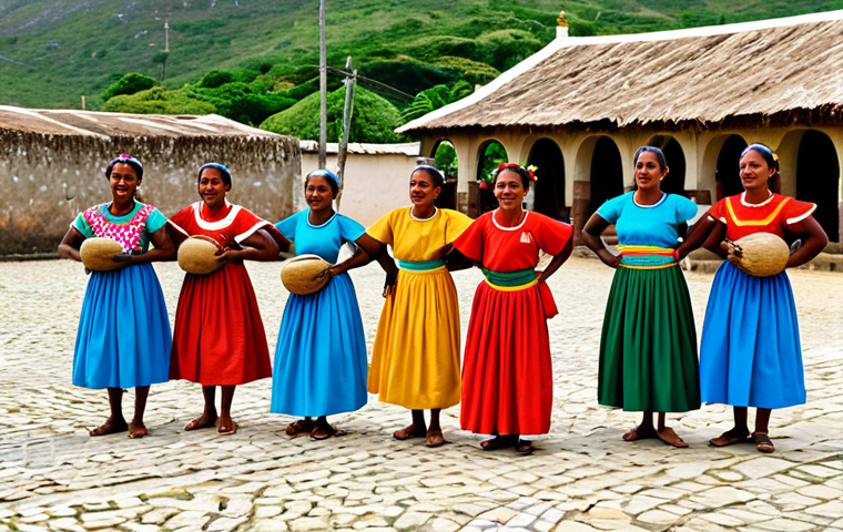 **

A group of Cape Verdean women, fully clothed in colorful, traditional Batuku dresses, performing a Batuku dance. They are in a village square with stone buildings in the background. The scene is filled with energy and joy. Appropriate attire, safe for work, professional photography, perfect anatomy, correct proportions, natural poses, well-formed hands, proper finger count, family-friendly.

**